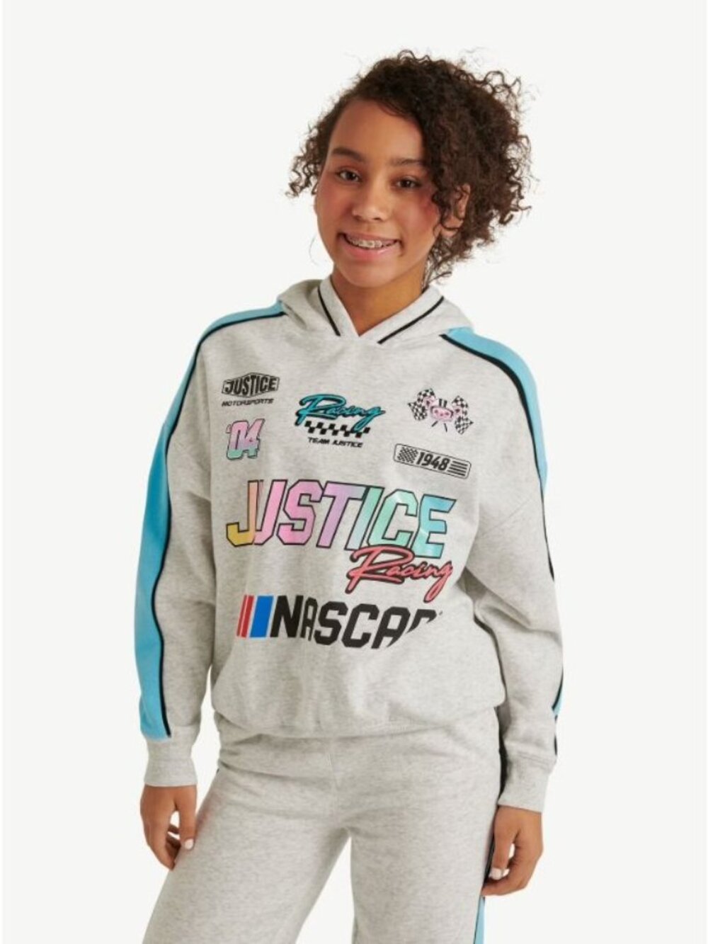 NASCAR X Justice Youth Hoodie Racing Graphics Size L 12-14 Gray & Blue Cotton Bl